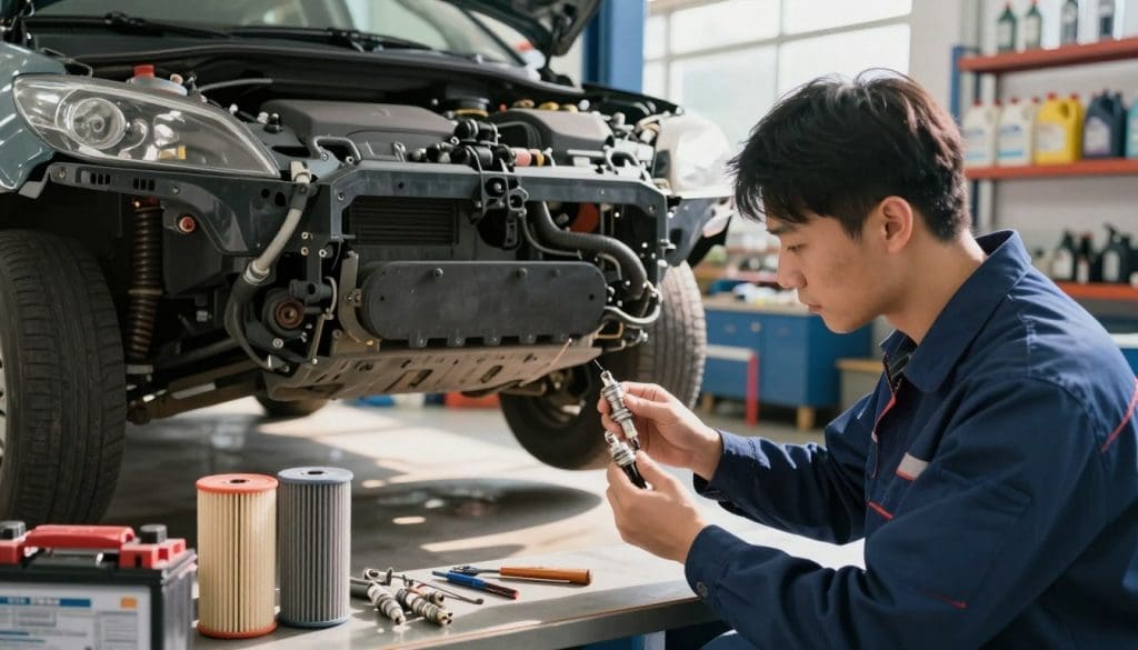 A detailed car tune-up inspection scene, showcasing key components like spark plugs, air filters, oil filters, and battery under a bright, well-lit auto repair shop. In the foreground, a mechanic in professional attire, examining a spark plug with a focused expression, tools neatly arranged nearby. The middle ground features a car on a lift, exposing its engine bay with visible components like hoses and belts, while oil and fluid containers are organized on shelves in the background. Soft, natural lighting from overhead lights casts shadows, enhancing the technical atmosphere of the shop. The image conveys a sense of diligence and professionalism, ideal for illustrating a comprehensive tune-up inspection.