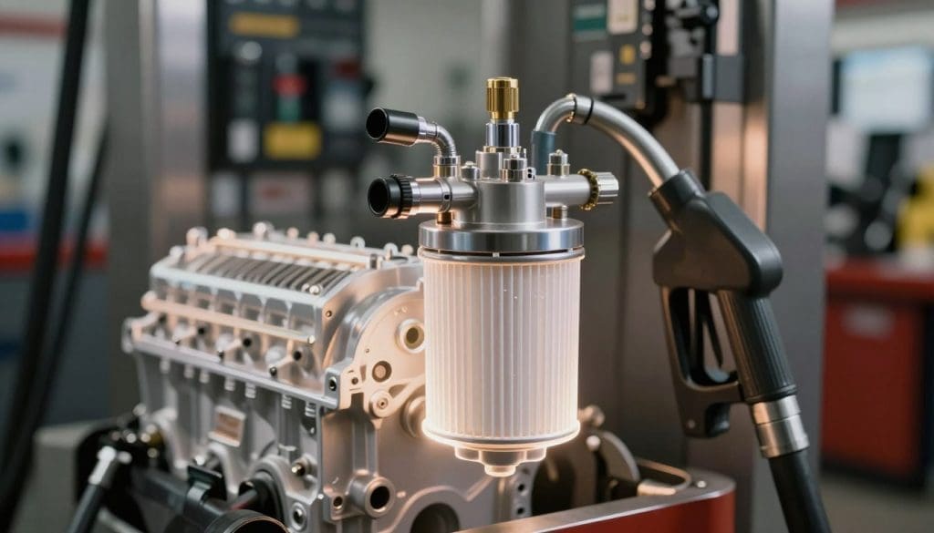 A detailed close-up of a modern fuel pump, showcasing its intricate components such as the fuel filter, pressure regulator, and connectors, surrounded by a soft, ethereal glow that highlights each part. In the foreground, a clear view of the fuel pump assembly emphasizes its role in delivering fuel efficiently to the engine. The middle ground features a faint outline of an engine block, subtly illuminated, indicating the connection and flow of fuel. The background fades into a blurred automotive workshop setting, filled with tools in shadowy silhouettes, lending a technical yet inviting atmosphere. The overall lighting is warm and focused, creating a sense of importance and clarity, while the camera angle is slightly elevated to provide a comprehensive view of the fuel pump in context.