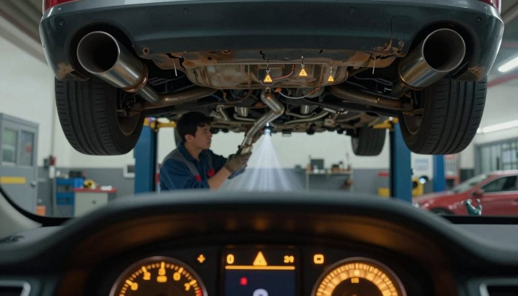 A detailed illustration depicting various exhaust system warning signs, including a visible check engine light on a dashboard, hissing sounds from the exhaust, and visible damage like rust or cracks on the exhaust pipes. In the foreground, focus on a close-up of a dashboard with warning lights glowing in an ominous amber hue. In the middle ground, a mechanic inspecting an exhaust pipe in a well-lit garage environment, surrounded by automotive tools. The background features a car lifted, showcasing its underside with additional exhaust components. Soft, ambient lighting to emphasize the seriousness of the warning signs, with a slightly dramatic perspective to enhance the urgency of vehicle maintenance. The atmosphere should convey a sense of concern and awareness regarding vehicle safety.