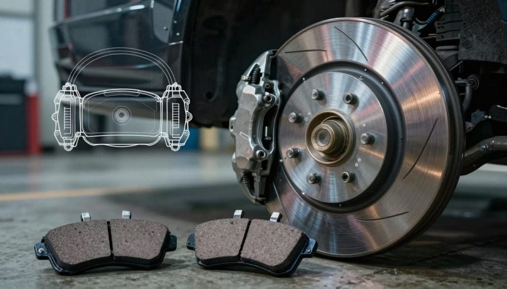 A detailed illustration of key components of a brake system, focusing on a disc brake assembly, brake calipers, and brake pads. In the foreground, show the brake disk with grooves, glimmering metallic surfaces, and contrasting brake pads positioned alongside. The middle ground features a simplified schematic diagram highlighting the calipers and brake lines in a slightly blurred effect to emphasize the main components. The background should be a garage setting with subtle lighting, casting shadows to create depth and dimension. Use a macro lens perspective to amplify the intricate details of the components while ensuring the mood is technical and informative, with a cool color palette that conveys reliability and precision.