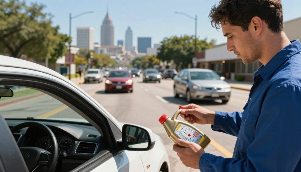 A detailed, informative scene illustrating the impact of temperature and driving habits on oil change frequency. In the foreground, show a well-maintained car in a sunny San Antonio setting, with a temperature gauge indicating a high temperature. Beside the car, a mechanic in professional attire examines the oil levels with a dipstick, demonstrating proper vehicle care. In the middle ground, depict a bustling city street with various vehicles in motion—some driving aggressively, others more conservatively, representing different driving habits. The background should feature clear blue skies and the iconic San Antonio skyline, emphasizing the local environment. Use natural daylight to create a bright, optimistic atmosphere, capturing the essence of responsible vehicle maintenance in warm climates.