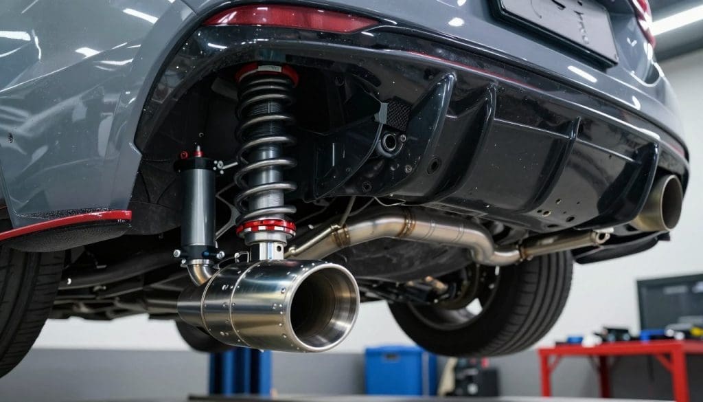 A detailed view of a high-performance car's suspension and exhaust system enhancements, showcasing intricate components like coilover suspension, upgraded shock absorbers, and a sleek aftermarket exhaust system. In the foreground, focus on a shiny exhaust tip with visible rivets and polished metal, while the middle layer features the suspension setup against a backdrop of a well-lit garage setting with tools and equipment. The background should include a blurred outline of the car, emphasizing the overall theme of automotive upgrades. The lighting should be bright and focused, highlighting the metallic surfaces and textures. Capture a mood of precision and engineering excellence, as if the viewer is peering into the heart of automotive innovation.