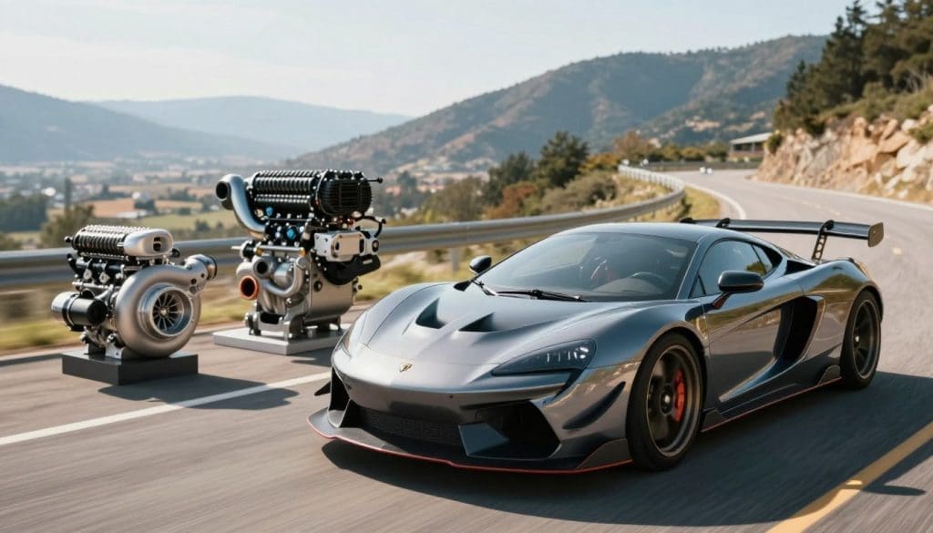 A dynamic scene showcasing the benefits of vehicle performance upgrades. In the foreground, a sleek, modified sports car with eye-catching aerodynamic enhancements and performance wheels, gleaming under bright, natural sunlight. The middle ground features a set of performance parts, such as a high-flow intake system and a turbocharger, displayed with a soft blur to emphasize their importance. In the background, a picturesque open road stretches toward a mountain landscape, symbolizing freedom and power. The lighting is bright and inviting, suggesting a sense of adventure. The mood is uplifting and inspiring, evoking the excitement of driving a high-performance vehicle. The composition uses a slightly elevated angle to showcase both the car and the future possibilities of performance upgrades.