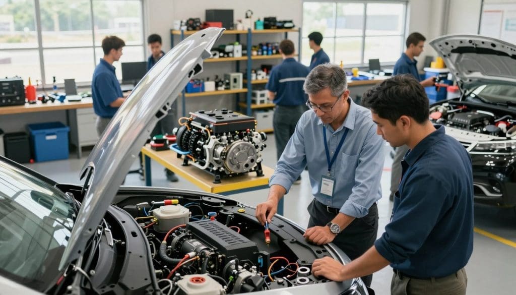 A group of expert hybrid technicians working collaboratively in a bright, well-organized automotive workshop in San Antonio. In the foreground, two technicians wearing professional business attire are examining a hybrid vehicle's engine, showcasing tools and diagnostic equipment. The middle ground features a partially disassembled electric motor and battery, highlighting the intricate technology of hybrid vehicles. In the background, shelves are neatly stocked with specialized tools and spare parts for hybrid and electric vehicle maintenance. The workshop is illuminated with soft, natural light streaming in from large windows, creating a productive and focused atmosphere. Capture the scene from a slightly elevated angle to emphasize the teamwork and expertise among the technicians, conveying a mood of professionalism and innovation.