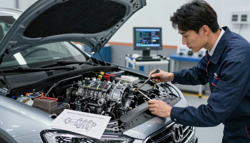 A highly detailed illustration focusing on "Expert Tips for Optimizing Transmission Performance." In the foreground, a professional mechanic in business attire is inspecting a car's transmission system with precision tools. In the middle ground, a sleek, modern vehicle with an open hood reveals complex machinery. Tools and diagrams detailing transmission parts are neatly arranged nearby. In the background, a well-lit garage with advanced diagnostic equipment enhances the technical atmosphere. Soft, natural lighting highlights the reflectiveness of the car's surface, creating a clean and organized setting. The mood is focused and industrious, emphasizing expertise and professionalism in automotive technology.