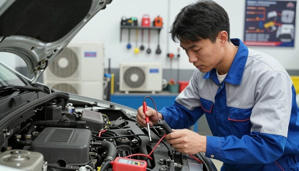 A highly detailed image illustrating professional heater service quality. In the foreground, a technician in a crisp uniform meticulously examines a car's heating system, using specialized tools like a multimeter and wrenches. His focused expression conveys expertise and dedication. In the middle ground, a well-organized workshop is visible, filled with equipment such as air conditioning units and various repair tools, illuminated by bright, soft LED lighting to create a clean atmosphere. The background features a wall of tools and service posters related to heater maintenance, enhancing the professional environment. The angle is slightly elevated, showcasing both the attentive technician and the array of tools around him, embodying a mood of efficiency and technical expertise in heater repairs.