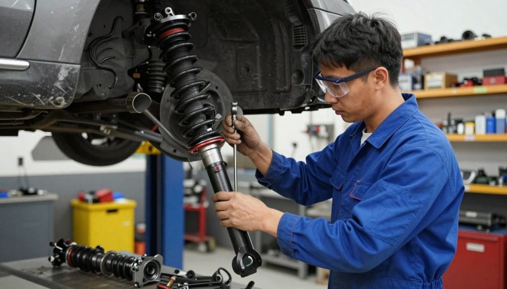 A mechanic in a well-lit automotive workshop, wearing a blue jumpsuit and safety glasses, is focused on repairing a vehicle's suspension system. In the foreground, a close-up shows the mechanic using tools to tighten bolts on a suspension strut, conveying precision and attention to detail. In the middle ground, a partially disassembled car is elevated on a hydraulic lift, with various suspension components visibly scattered nearby, creating a sense of urgency and complexity. In the background, shelves filled with automotive tools and parts are softly illuminated, creating a warm ambiance. The scene captures a mood of diligence and professionalism, highlighting the importance of timely suspension repairs to prevent further damage. The lighting is bright and even, emphasizing the work environment and ensuring the mechanic is clearly visible.