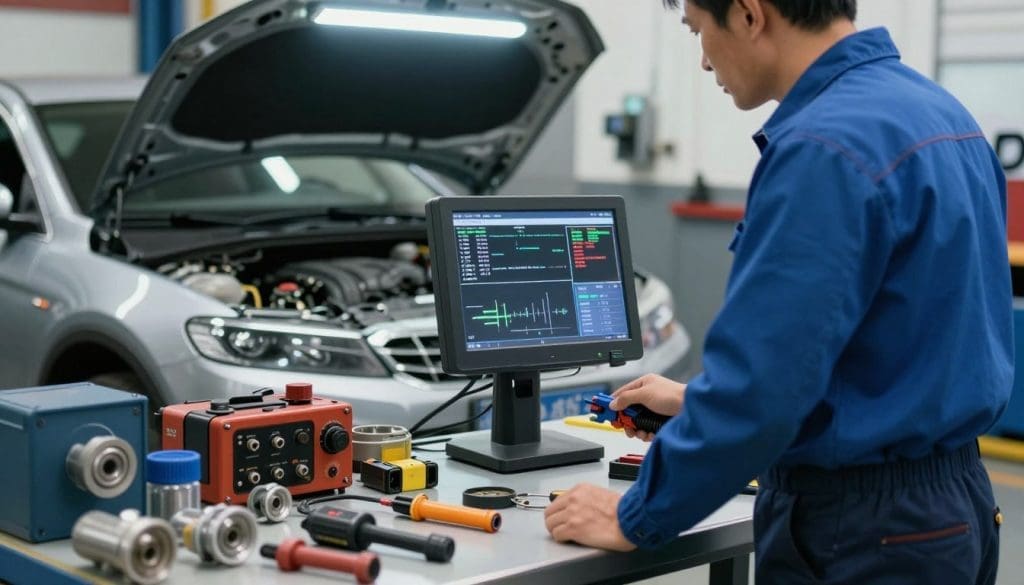 A mechanic in a well-lit garage, focused intently on a diagnostic scanner displaying intricate automotive diagnostic codes. In the foreground, the mechanic is a middle-aged individual wearing a blue work shirt and dark pants, holding a connector cable. The middle layer features an array of tools and car parts artfully arranged on a workbench, emphasizing a hands-on approach to vehicle maintenance. In the background, a car with its hood open reveals a complex engine, softly illuminated by overhead fluorescent lights. The atmosphere is one of concentration and professionalism, with a slight sheen from the fluorescent lighting highlighting the tools and the scanner, conveying a sense of precision and expertise in interpreting engine warning signs.