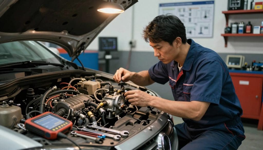 A mechanic in professional attire kneels beside a vehicle's fuel system, examining the fuel pump under warm overhead lights in a well-equipped garage. The foreground features tools like wrenches and a diagnostic scanner laid out neatly, highlighting the intricate workings of the fuel system. In the middle, the mechanic focuses intently on the pump, showcasing detailed components such as fuel lines and connectors, with slight wear indicating high mileage. The background reveals diagnostic charts and fuel system parts on shelves, enhancing the technical atmosphere. The lighting is bright but slightly dimmed to create a serious mood, emphasizing the importance of maintenance in high-mileage scenarios. Use a slightly angled perspective to capture the depth of the scene effectively.