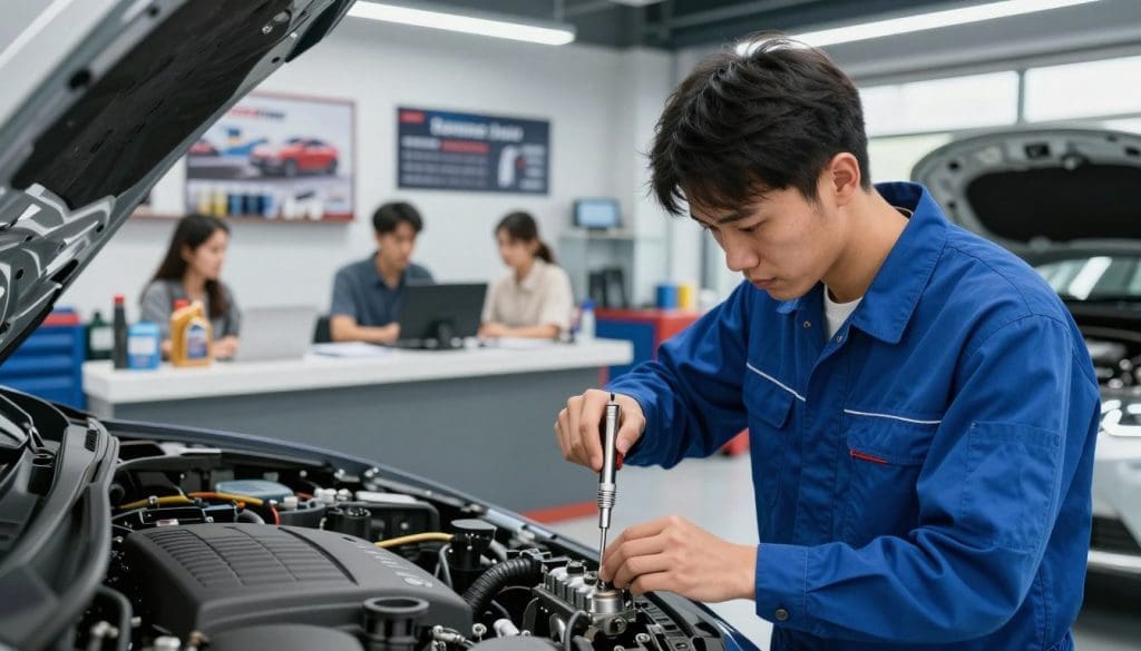 A modern auto repair shop interior showcasing additional services offered. In the foreground, a technician in a blue uniform is inspecting a fuel system component with precision tools, demonstrating expertise and professionalism. The middle ground features a service counter busy with customers receiving information about various auto repair services, including fuel system cleaning, engine diagnostics, and oil changes. In the background, well-organized tool shelves and service posters highlight other maintenance offerings. The lighting is bright and inviting, enhancing the clean and organized atmosphere. The image should capture a sense of trust, efficiency, and customer service excellence, with a focus on a polished, modern auto repair environment.
