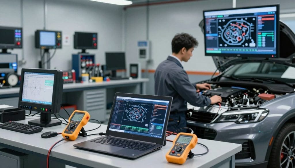 A modern automobile diagnostic workshop showcasing advanced diagnostic tools. In the foreground, a sleek computer tablet displays complex engine data, surrounded by various high-tech diagnostic instruments like oscilloscopes, automotive scan tools, and multimeters. In the middle, a professional technician in business attire is examining a car’s engine, focused and attentive, with cables and sensors connected to the vehicle. The background features a well-lit, organized garage with diagnostic stations, tools neatly arranged on workbenches, and a large, clear-screen display showing engine diagnostics. Soft, ambient lighting enhances the technical atmosphere, providing a sense of efficiency and expertise in engine diagnostics. A slight depth of field emphasizes the diagnostic tools while keeping the technician and background slightly blurred, creating a professional, focused mood.