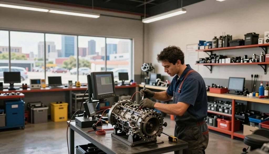 A modern automotive repair shop in San Antonio, featuring a clean, well-lit interior with a service area focused on transmission repair. In the foreground, a skilled mechanic in professional attire works on a car’s transmission system, using tools and diagnostic equipment. The mechanic is focused and meticulous, showcasing expertise. The middle of the image reveals shelves stocked with automotive parts and equipment, emphasizing the shop's well-organized nature. Through the large windows in the background, the vibrant San Antonio skyline is visible, highlighting the local setting. The atmosphere is one of professionalism and trust, with warm lighting that creates a welcoming mood. The scene captures the essence of quality transmission repair services, reflecting local expertise and community connection.