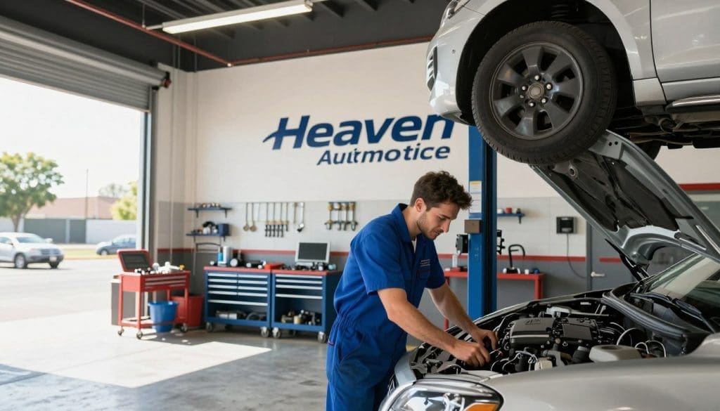 A modern, well-lit auto service garage in San Antonio, showcasing Heaven Automotive's commitment to reliable service. In the foreground, a friendly mechanic in professional blue coveralls examines the engine of a car on a lift, demonstrating expertise and focus. The middle ground features well-organized tools and equipment, with a clean and inviting work area. In the background, large windows let in natural light, illuminating the logo of Heaven Automotive prominently displayed on the wall. The atmosphere is professional yet welcoming, conveying trust and reliability. The scene captures a sunny day outside, enhancing the sense of a trustworthy, vibrant auto service experience. The image should be shot with a wide-angle lens to show depth and detail.