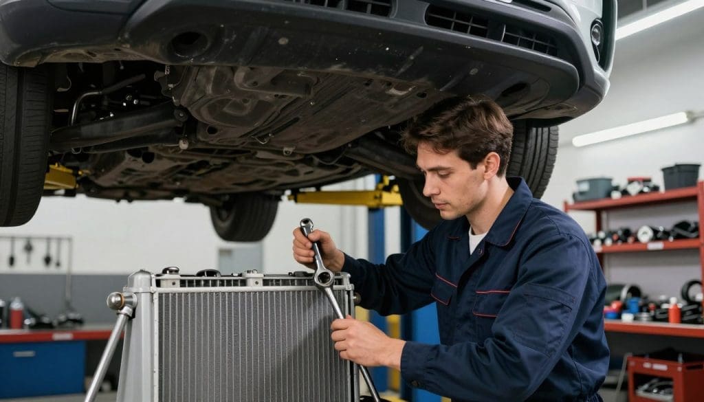 A professional auto technician servicing a car in a well-equipped garage. In the foreground, a technician with short brown hair is wearing a navy blue mechanic uniform, carefully inspecting a car’s radiator with a wrench in hand. In the middle, a vehicle is lifted on a hydraulic lift, showcasing the underneath components. The background features shelves stocked with tools and spare parts, illuminated by bright overhead LED lights. The atmosphere is focused and industrious, conveying a sense of professionalism and expertise in automotive repair. The angle is slightly low, emphasizing the technician’s commitment to thorough work. Soft shadows enhance the textures of the tools and vehicle, creating a clean and organized impression.