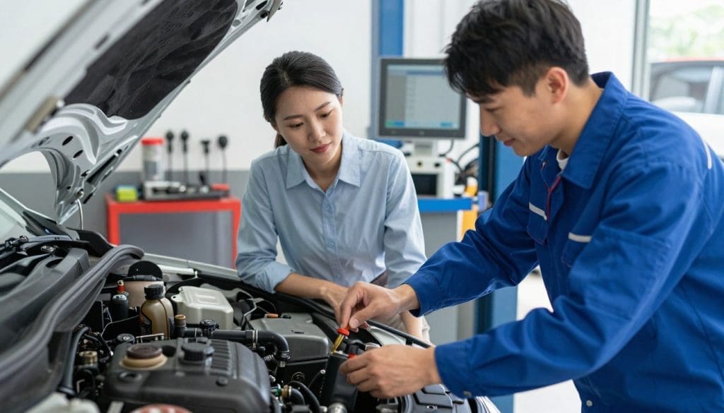 A professional automotive service center, with a bright, well-lit environment showing a fluid check appointment in progress. In the foreground, a mechanic in a clean blue uniform inspects the dipstick of an engine, providing a thorough analysis of the vehicle's fluid levels. The middle ground features a customer dressed in casual, neat clothing, listening attentively and looking engaged while seated beside a service advisor who is explaining the fluid check process with a friendly demeanor. The background reveals organized tools and a clear view of diagnostic equipment, enhancing the sense of professionalism. The lighting is bright and inviting, creating a reassuring atmosphere, with slightly blurred edges to focus on the interaction between the mechanic and the customer. The angle captures the importance of communication and trust during a fluid check appointment.