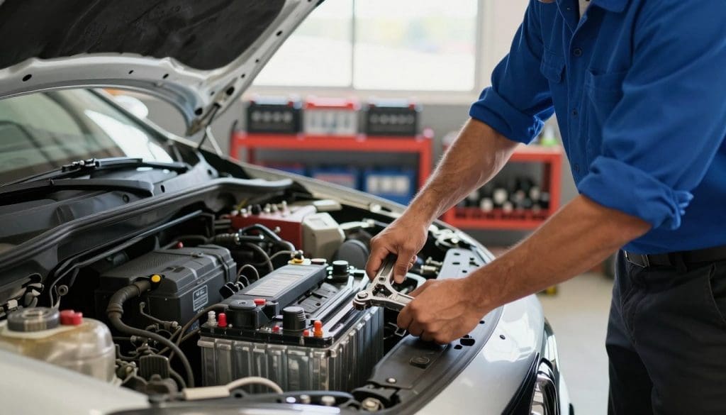 A professional mechanic in a clean, well-organized garage, focused on replacing a car battery. The foreground features a detailed view of the mechanic's hands using a wrench to remove the battery clamps, showcasing expert precision. In the middle ground, a modern car with its hood open reveals a new battery ready to be installed. The background highlights rows of neatly arranged tools and battery chargers, illuminated by bright, natural lighting streaming in from a large window, creating a warm and inviting atmosphere. The mechanic wears a fitted blue shirt and black pants, exuding professionalism. The angle emphasizes the action, capturing the essence of expert car battery replacement services in San Antonio. The overall mood conveys reliability and skill.
