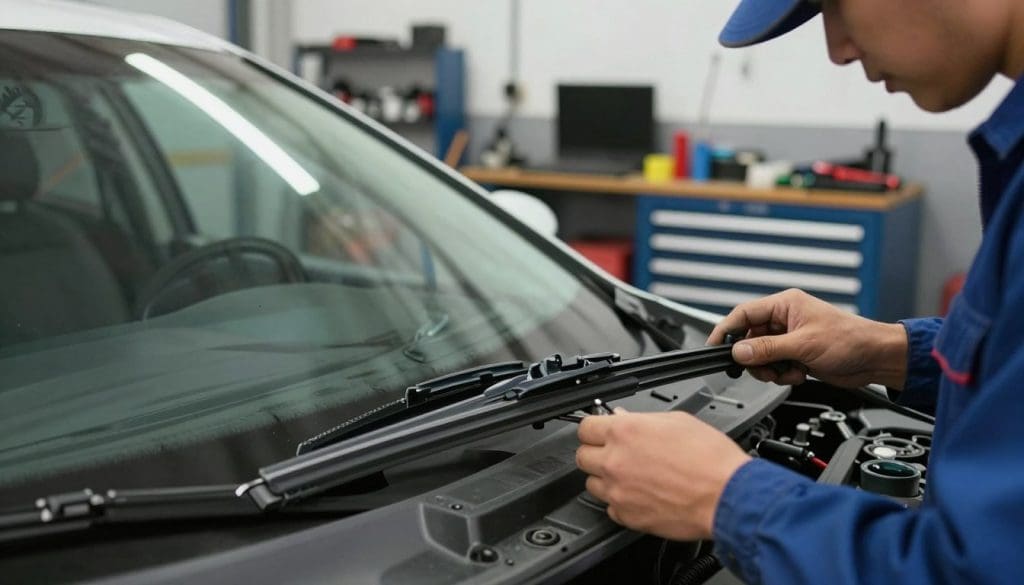 A professional mechanic in a well-lit garage setting, inspecting a car's windshield wipers for wear and tear, surrounded by various automotive tools and equipment. In the foreground, a close-up of the mechanic's hands checks the rubber blades, highlighting the importance of wiper maintenance for enhanced safety. In the middle ground, the car shines under fluorescent lights, showcasing the meticulous care given to the vehicle. The background features organized tool racks and a clean workspace, creating a sense of professionalism and safety. The scene conveys a mood of diligence and attention to detail, emphasizing the importance of vehicle maintenance in ensuring maximum visibility and road safety. The angle captures both the mechanic and the car, reinforcing the theme of vehicle upkeep.