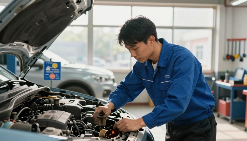 A serene auto repair shop setting during the day, with soft sunlight filtering through large windows. In the foreground, an attentive mechanic in a blue shirt and black pants inspects an engine, showcasing a close-up of oil leak signs and a worn oil filter. The middle ground features a car elevated on a hydraulic lift, with oil change indicators prominently displayed on its dashboard. In the background, there’s a wall with oil change information and tools hanging neatly. The overall mood is professional yet approachable, capturing the importance of regular vehicle maintenance. The composition should have a shallow depth of field to accentuate the mechanic's focused expression while keeping the surrounding environment slightly blurred.