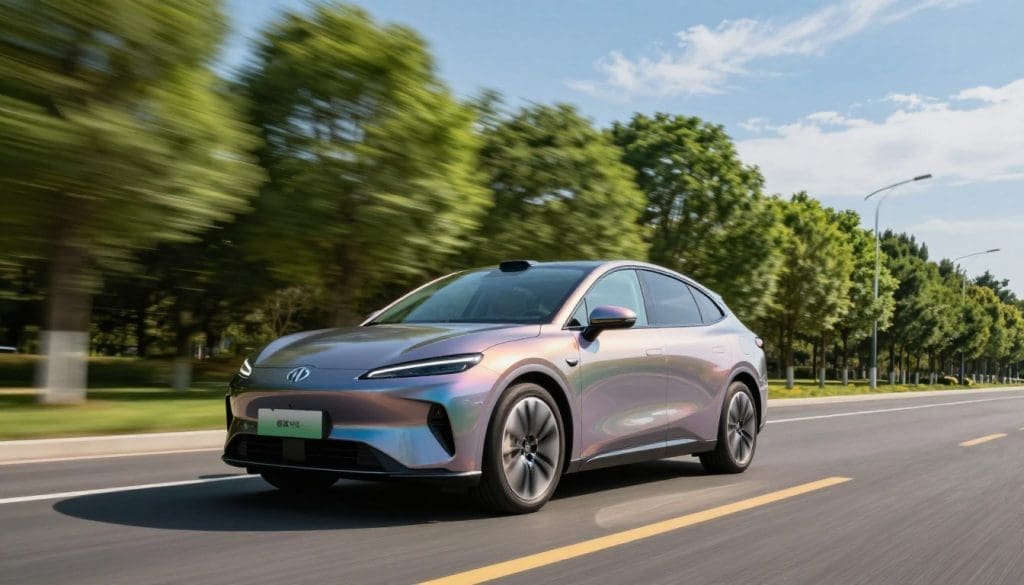 A sleek hybrid vehicle gliding effortlessly along a smooth road, showcasing its modern, aerodynamic design. In the foreground, the car's colorful paint reflects the sunlight, emphasizing its innovative technology. The middle ground features lush green trees lining the road, symbolizing eco-friendliness and sustainability. In the background, a clear blue sky contrasts with wispy white clouds, creating a serene atmosphere. The image is captured from a slightly low angle, enhancing the vehicle's stature and power. The lighting is bright and natural, conveying a sense of energy and optimism. This scene encapsulates the harmony of efficiency and performance, illustrating the theme of keeping a hybrid vehicle running smoothly.