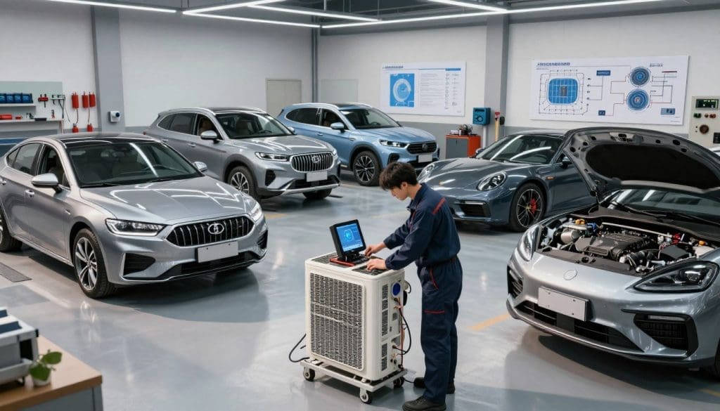 A sleek, modern auto mechanic’s workshop showcasing tailored vehicle cooling solutions. In the foreground, a technician in professional attire is adjusting a high-tech air conditioning unit, meticulously examining its components. In the middle ground, various types of vehicles, including a sedan, SUV, and sports car, are displayed with visible cooling systems highlighted. The background features wall-mounted cooling solution diagrams and neatly organized tools. Soft, diffused lighting simulates a bright and efficient workspace ambiance, casting gentle shadows. A wide-angle view allows for an encompassing perspective, emphasizing both the variety of vehicles and the sophisticated technology of cooling systems. The atmosphere is professional and solutions-oriented, conveying reliability and expertise in automotive air conditioning.