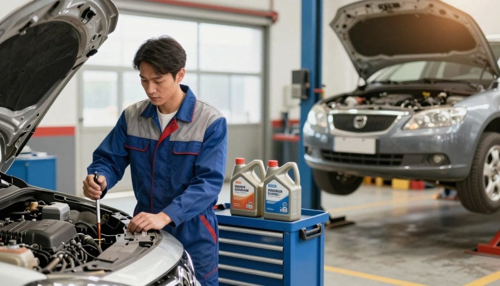 A split image showcasing the importance of regular fluid maintenance in a vehicle. In the foreground, on the left, a mechanic in professional attire checks the oil level of a car with a dipstick, showcasing attention to detail. The middle features a neatly organized toolbox with fluid containers labeled for easy identification, suggesting preparation and care. In the background, a large garage with bright, even lighting allows for a clean, professional atmosphere, emphasizing cleanliness and efficiency. The right side of the image reveals a car on a lift, revealing a well-maintained engine, symbolizing reliability. Warm, energizing colors create a sense of optimism, suggesting that good maintenance leads to financial savings and peace of mind.