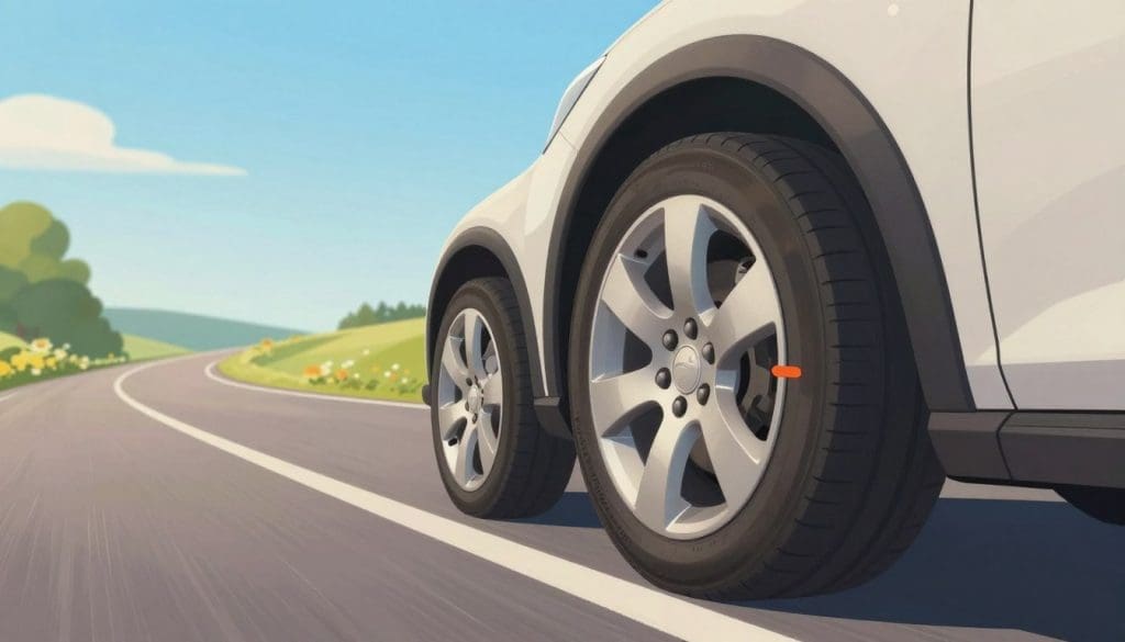 A split-scene illustration depicting the impact of proper wheel alignment on driving experience. In the foreground, a close-up of a car tire on a smooth road, with indicators of alignment such as straight wheel angles and balanced tread wear. In the middle, a driver, dressed in professional attire, confidently steering the car, showcasing a focused expression. The background features a serene countryside road under a clear blue sky, emphasizing a smooth driving experience. Soft sunlight casts gentle shadows, creating a warm, inviting atmosphere. Use a slight upward angle to capture both the driver and the road effectively, conveying a sense of control and safety in driving.