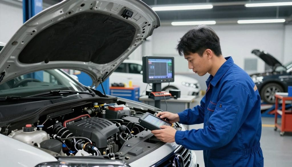 A vehicle diagnostic inspection process in an automotive workshop. In the foreground, a mechanic in a blue coverall inspects a vehicle's suspension system using high-tech diagnostic tools, with a focused expression. The middle ground features an open car hood displaying intricate engine components and diagnostic equipment scattered around. In the background, there's a well-organized garage with tool racks, a diagnostic machine, and vehicles on lifts, illuminated by bright overhead fluorescent lights. The atmosphere is busy yet professional, conveying a sense of urgency and expertise in vehicle maintenance. The image is captured from a slightly elevated angle to showcase the entire inspection scene, enhancing the depth and clarity.