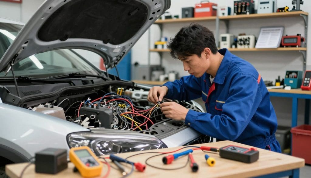 A well-equipped automotive workshop focusing on electrical repairs, showcasing a mechanic in professional attire, carefully examining a vehicle's wiring under bright, focused lighting. The foreground features a workbench cluttered with various tools, multimeters, and connectors, while the middle displays a vehicle with its hood open, revealing tangled wires and circuit boards. In the background, shelves lined with organized electrical components and manuals contrast with the chaos of DIY repair attempts. The atmosphere is one of concentration and mild frustration, emphasizing the complexity of modern automotive electrical systems. Capture the scene from a slightly low angle to convey depth, ensuring the lighting highlights the intricacies of the wires and components without any text or distractions.