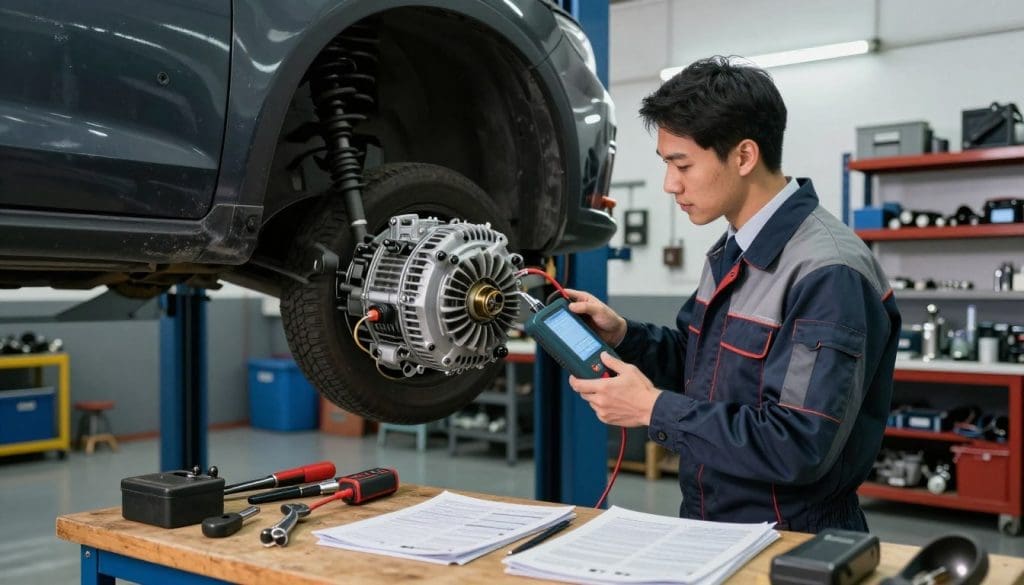 A well-lit automotive service garage interior, showcasing a mechanic in professional business attire, inspecting an alternator with a diagnostic tool in hand. In the foreground, a workbench cluttered with tools and auto repair manuals highlights preparation for servicing. The middle of the scene features a vehicle on a lift, showcasing the alternator clearly for inspection. The background includes shelves stocked with parts and equipment, giving a sense of a busy yet organized workspace. Soft overhead lighting casts gentle shadows, creating a focused atmosphere. The camera angle is slightly elevated, capturing both the vehicle and the mechanic, conveying a sense of readiness and professionalism in preparing for an alternator service appointment.