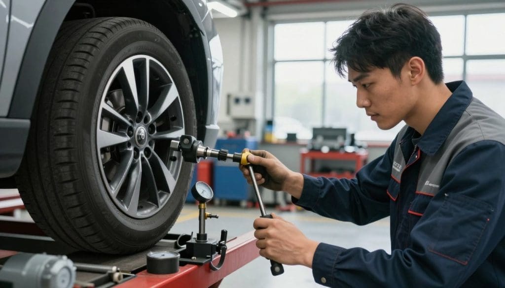 A well-lit automotive workshop featuring a close-up view of a modern vehicle being serviced. In the foreground, a skilled mechanic, dressed in a professional uniform, carefully adjusts the wheel alignment using precision tools and gauges. The mechanic's focused expression conveys expertise and attention to detail. In the middle ground, various automotive tools and equipment are neatly arranged, showcasing a systematic approach to maintenance. In the background, a bright, organized garage with large windows allowing natural light to illuminate the space, enhancing the cleanliness and professionalism of the environment. The atmosphere is calm and industrious, emphasizing the importance of regular service and alignment checks. Soft shadows create depth, and the overall composition highlights a sense of order and precision.