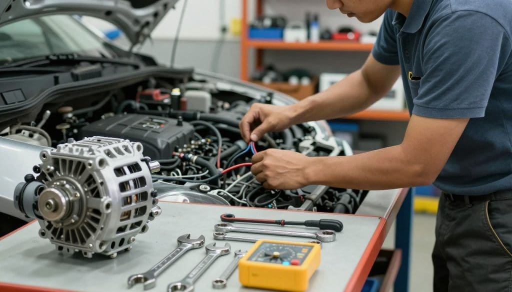 A well-lit automotive workshop scene focusing on a professional mechanic in modest casual clothing, working diligently on a car's starter and alternator. In the foreground, tools like wrenches and multimeters are neatly arranged on a workbench, with a partially disassembled alternator and starter showcased prominently. The middle section features the mechanic inspecting the car's electrical system, with a close-up of their hands connecting wires. In the background, shelves filled with spare parts and equipment create an organized ambiance. The lighting is bright and inviting, emphasizing the precision and care involved in electrical repairs, conveying a sense of professionalism and expertise in car electrical services.