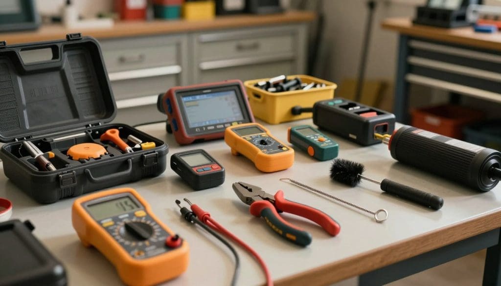 A well-lit workshop setting featuring a variety of innovative heater repair tools spread out on a workbench. In the foreground, a close-up view highlights unique tools like a digital multimeter, specialized hose clamp pliers, and a heat exchanger cleaning brush, all meticulously arranged. In the middle ground, various repair kits and diagnostic instruments such as infrared thermometers and vacuum pumps are organized neatly, showcasing their modern designs. The background offers a glimpse of tool storage cabinets and a tool cart, bathed in soft, warm lighting to emphasize a productive atmosphere. A depth of field effect keeps focus on the tools while slightly blurring the background, creating a professional and industrious mood.
