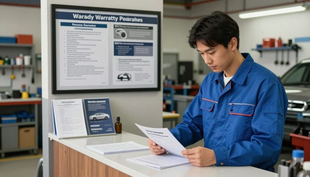 A well-organized car repair shop scene focused on warranty policies and service guarantees. In the foreground, a confident, professional mechanic in a blue work uniform is reviewing a service guarantee document on a clean, organized counter. In the middle ground, a display board showcases various warranty policies, featuring neatly organized brochures and posters with graphics of car parts. The background shows a well-lit auto repair shop with tools and equipment, emphasizing cleanliness and professionalism. Soft, warm lighting enhances the inviting atmosphere, while the angle captures a slightly elevated perspective, providing depth to the workspace. The overall mood is reassuring and professional, reflecting trust and reliability. A well-organized car repair shop scene focused on warranty policies and service guarantees. In the foreground, a confident, professional mechanic in a blue work uniform is reviewing a service guarantee document on a clean, organized counter. In the middle ground, a display board showcases various warranty policies, featuring neatly organized brochures and posters with graphics of car parts. The background shows a well-lit auto repair shop with tools and equipment, emphasizing cleanliness and professionalism. Soft, warm lighting enhances the inviting atmosphere, while the angle captures a slightly elevated perspective, providing depth to the workspace. The overall mood is reassuring and professional, reflecting trust and reliability.