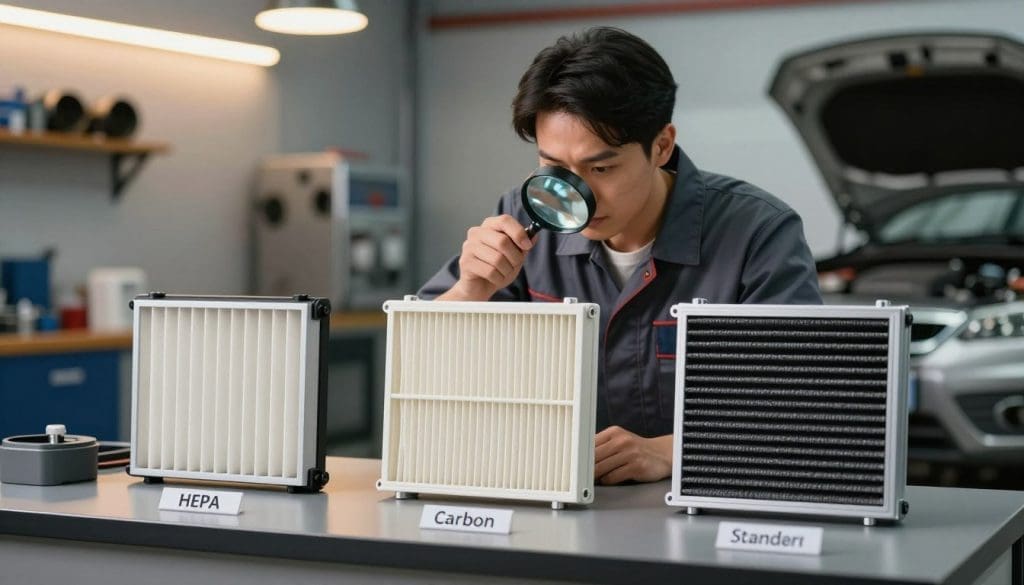 A well-organized composition comparing various air filter options on a sleek mechanic's workbench. In the foreground, three distinct air filters, showcasing different types (e.g., HEPA, carbon, and standard filters), presented with labels for easy identification. In the middle ground, a mechanic in professional attire, intently examining the filters with a magnifying glass, emphasizing focus on air quality. The background features a modern garage with car parts and tools, softly lit with warm, overhead lighting to create an inviting atmosphere. The overall mood is informative and professional, inviting viewers to explore the impact of air filter choices on automotive air quality. The image captures a clear angle that highlights the details of each filter, ensuring clarity and engagement.