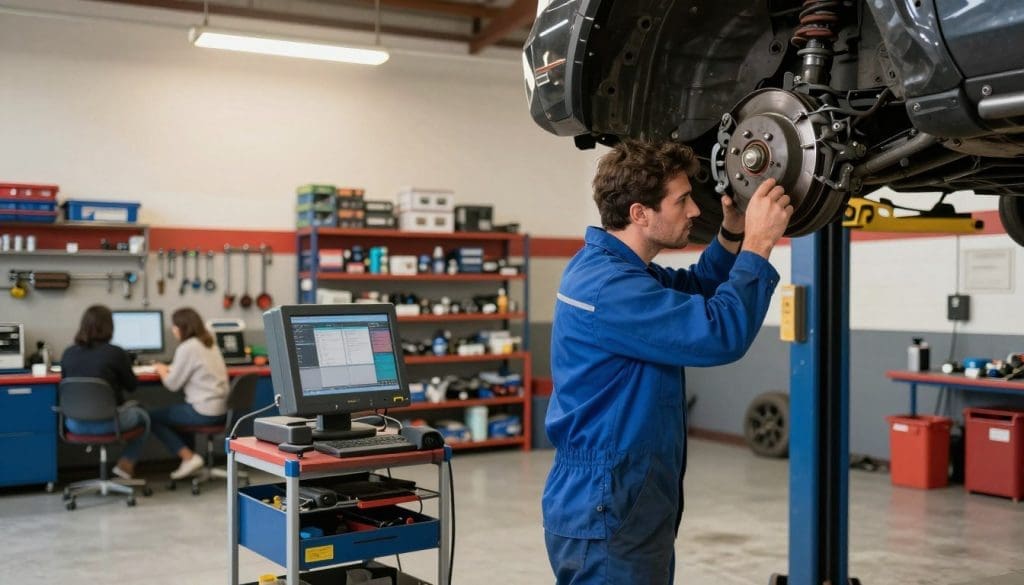 An expert auto service scene at Heaven Automotive in San Antonio. The foreground features a skilled mechanic, dressed in a professional blue work uniform, intently examining a car's brake system. In the middle ground, a clean and well-lit garage displays essential tools and equipment, with a diagnostic machine ready for use. In the background, shelves stocked with automotive parts can be seen alongside a welcoming customer area. The overhead lighting is bright yet warm, casting a natural glow. The scene conveys a sense of expertise, reliability, and professionalism, with an atmosphere that communicates a commitment to quality service and customer satisfaction. The image captures an inviting and knowledgeable environment, perfect for showcasing expert auto services.
