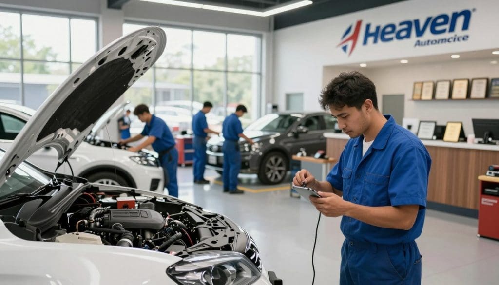 Heaven Automotive service center in San Antonio, showcasing a pristine, well-lit workshop filled with advanced automotive tools and equipment. In the foreground, a professional mechanic in a blue uniform examines a car's electrical system with focus and precision, embodying dedication to service excellence. The middle ground features several cars being serviced, emphasizing teamwork among the technicians. Bright, natural light streams through large windows, casting soft reflections on the polished floors, creating an inviting atmosphere. In the background, soft-focus frames of a modern reception area can be seen, adorned with awards and certifications, symbolizing their commitment to quality service. The overall mood is industrious yet welcoming, emphasizing professionalism and expertise in car electrical repairs.