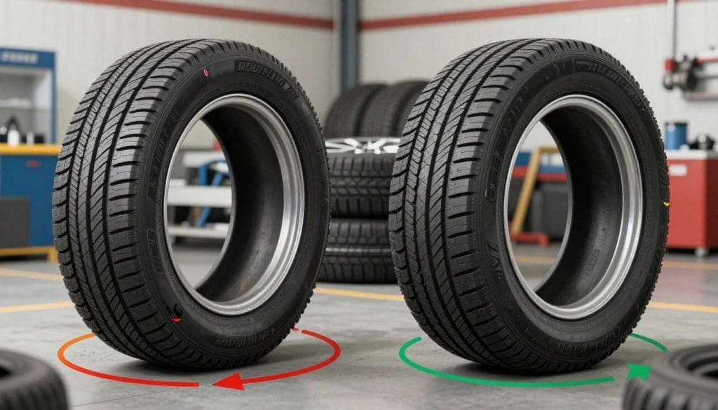 Illustrate a detailed diagram of tire rotation patterns, showcasing the four main positions of tires: front left, front right, rear left, and rear right. Each tire is depicted at an angle to highlight its rotation movement and alignment. The foreground features labeled arrows indicating rotation direction for each position with vibrant colors and clear lines. In the middle ground, a glossy texture of newly rotated tires should be shown, emphasizing their tread patterns and wear. The background has a soft focus of a car workshop environment with tools and tire racks, creating a professional atmosphere. Use bright, natural lighting to enhance the clarity of the image, with a slight overhead angle to provide a comprehensive view of the diagram. Aim for a clean, informative aesthetic that effectively communicates the importance of tire rotation.