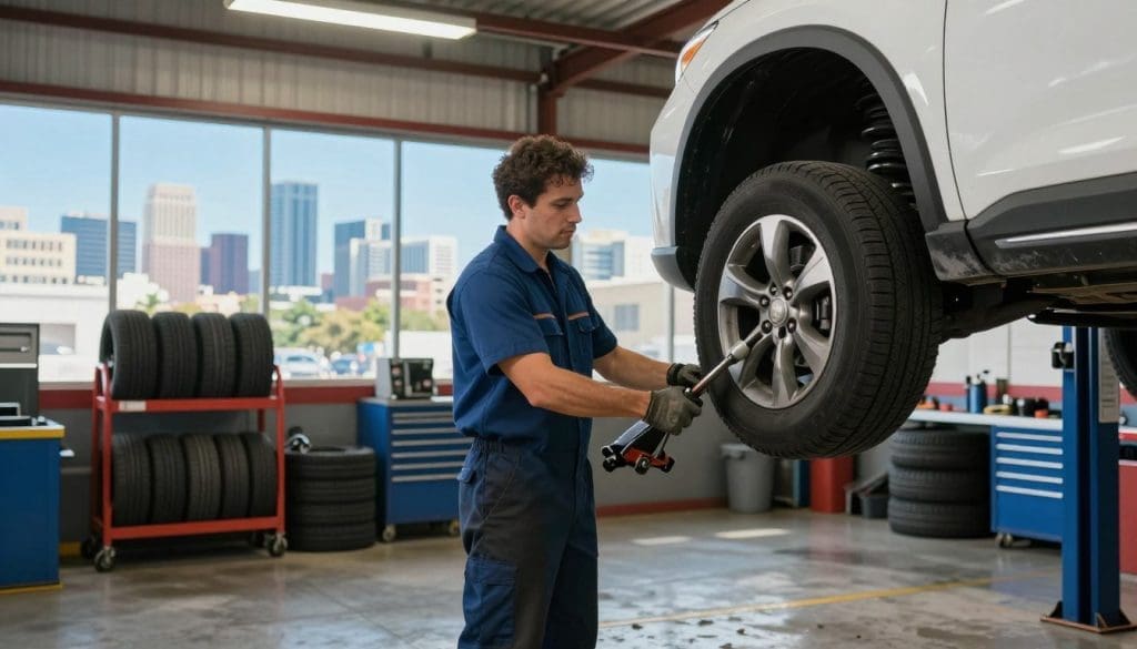 A brightly lit auto service shop in San Antonio featuring a professional mechanic in a clean uniform actively performing a tire rotation on a modern vehicle. In the foreground, the mechanic is seen using specialized tools to lift the car with a hydraulic jack while a tire is being swapped. The middle ground showcases organized tools and tire racks, emphasizing a well-kept workspace. In the background, large windows reveal a view of the vibrant San Antonio skyline with clear blue skies. The overall atmosphere should convey a sense of professionalism and diligence, highlighting the importance of tire maintenance for longevity. Soft, natural lighting enhances the cleanliness and safety of the garage environment, creating an inviting and trustworthy scene.