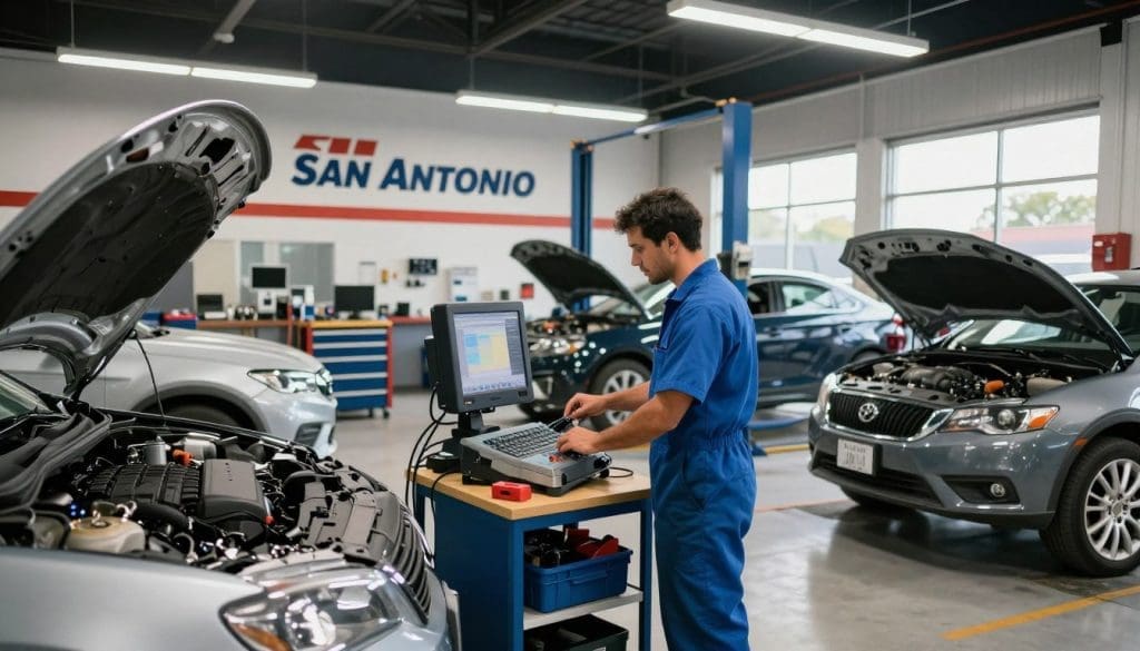 A busy automotive diagnostic shop in San Antonio, showcasing local expertise in car diagnostics. In the foreground, a professional technician in a clean blue jumpsuit is examining an engine with high-tech diagnostic equipment, illuminated by bright, focused overhead lights. The middle ground features various cars on hydraulic lifts, with tools and equipment neatly organized on a workbench. The background reveals the shop’s logo and a large window letting in natural light, giving a sense of openness and professionalism. Use a wide-angle lens to capture the entire scene, emphasizing a modern and efficient atmosphere. The mood is energetic and focused, highlighting the skill and precision involved in diagnosing car problems effectively. A busy automotive diagnostic shop in San Antonio, showcasing local expertise in car diagnostics. In the foreground, a professional technician in a clean blue jumpsuit is examining an engine with high-tech diagnostic equipment, illuminated by bright, focused overhead lights. The middle ground features various cars on hydraulic lifts, with tools and equipment neatly organized on a workbench. The background reveals the shop’s logo and a large window letting in natural light, giving a sense of openness and professionalism. Use a wide-angle lens to capture the entire scene, emphasizing a modern and efficient atmosphere. The mood is energetic and focused, highlighting the skill and precision involved in diagnosing car problems effectively.