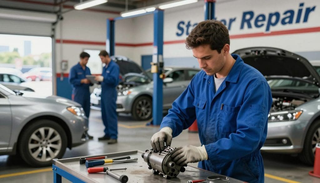 A busy automotive service center in San Antonio, Texas, showcasing a mechanic working on a car starter. In the foreground, a mechanic dressed in a blue jumpsuit and gloves carefully inspects a starter motor, with tools scattered on a workbench nearby. In the middle ground, several cars are parked at various service bays, with other technicians discussing repairs, creating a sense of bustling activity. The background features a large service station sign reading “Starter Repair” with hints of the San Antonio skyline visible through the open garage doors. The lighting is bright and professional, emphasizing a clean, well-organized workspace. The mood is industrious and focused, reflecting the urgency of car repairs.