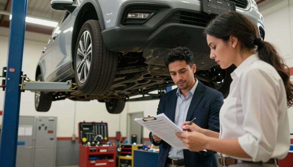 A car inspection preparation scene inside a well-lit garage in San Antonio. In the foreground, a diverse group of two individuals, a man and a woman in professional attire, are inspecting vehicle paperwork and checklists on a clipboard; both appear focused and engaged. In the middle section, a compact car is prominently displayed on a lift, showcasing its underside, while bright overhead lights create a clean and functional atmosphere. In the background, various automotive tools and equipment are neatly organized, adding to the professionalism of the environment. The overall mood is one of diligence and readiness, emphasizing the importance of thorough preparation before a car inspection appointment, with a warm, inviting color palette. The angle is slightly tilted to capture both the people and the car effectively.