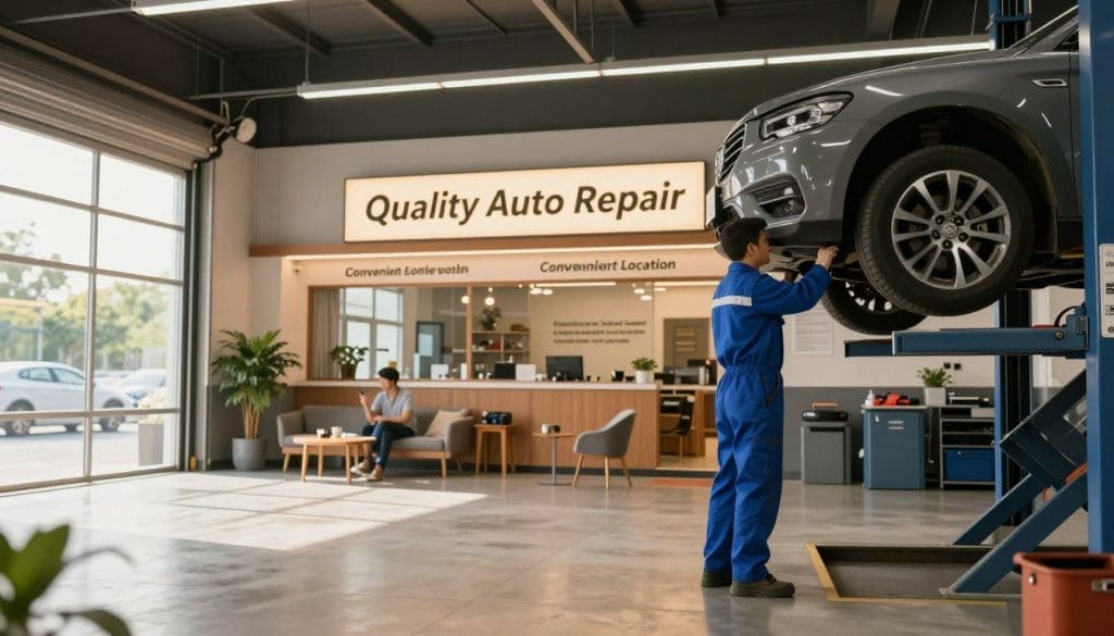 A clean and modern auto service location with a well-organized garage in the foreground, where a skilled mechanic in a blue uniform is inspecting a vehicle on a lift. The middle ground features illuminated signage for the service center, showcasing phrases like “Quality Auto Repair” and “Convenient Location.” In the background, a comfortable waiting area with contemporary seating and plants, inviting customers to relax while their cars are serviced. The scene is bathed in warm, natural light streaming through large windows, creating a welcoming atmosphere. Capture the mood of professionalism and trust, with a wide-angle view that emphasizes the spaciousness and clarity of the location, evoking a sense of ease for customers seeking reliable auto repair services.