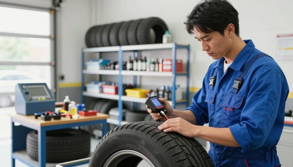 A clean, well-lit garage setting focusing on tire maintenance. In the foreground, a mechanic in a blue shirt and overalls inspects a tire with a digital pressure gauge, showing a serious and professional demeanor. The middle ground features a tire rotation equipment setup with various tools organized neatly on a workbench. Shelves in the background are filled with tire storage racks and maintenance supplies, all well-organized. Bright, natural lighting floods the space, creating a welcoming and productive atmosphere. The angle is slightly low to give an immersive feel to the task at hand, highlighting the important aspects of tire maintenance while conveying a sense of diligence and professionalism.