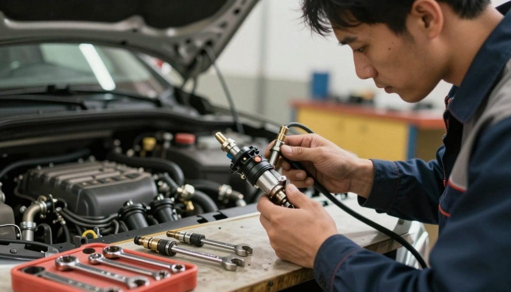 A close-up, detailed image of a mechanic preparing for a fuel injector cleaning appointment. In the foreground, a mechanic in professional attire examines a fuel injector component with a focused expression. Tools of the trade, such as wrenches and a fuel injector cleaning kit, are neatly organized on a workbench beside them. The middle ground features an open car hood, revealing an engine with visible fuel lines and injectors. In the background, soft workshop lighting illuminates the scene, creating a warm and industrious atmosphere. The angle is slightly tilted downward to emphasize the mechanic's hands and the intricate details of the fuel injector. The image conveys a sense of professionalism and meticulous preparation.