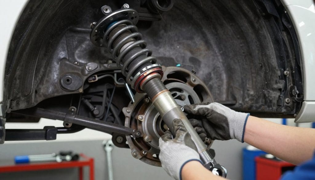 A close-up inspection of worn shocks and struts in a vehicle. In the foreground, focus on a mechanic's hands, wearing professional gloves, as they examine a damaged strut assembly with visible rust and wear. The middle ground reveals the car's suspension system, with detailed textures of worn rubber bushings and leaking shock absorbers. The background includes tools like a wrench and a hydraulic lift, softly illuminated with bright workshop lighting to emphasize the technical environment. The angle is slightly above eye level, capturing the intricate components clearly. The mood is diagnostic and professional, reflecting a serious approach to vehicle maintenance.
