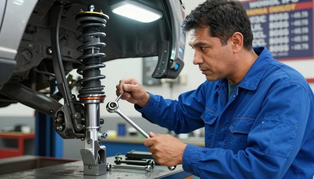A close-up scene in a professional auto repair shop, focused on a mechanic in a blue uniform inspecting a car's suspension system. The mechanic, a middle-aged Hispanic man, is using a wrench to tighten bolts while examining the suspension components with concentration. Bright overhead lights illuminate the workspace, highlighting the details of the suspension parts and tools scattered on a nearby workbench. In the background, a large poster displays the costs and types of suspension repairs available, adding context without text or distractions. The atmosphere is one of serious professionalism, portraying the importance of safety in vehicle maintenance, with a shallow depth of field to draw attention to the mechanic and the intricate suspension system. A close-up scene in a professional auto repair shop, focused on a mechanic in a blue uniform inspecting a car's suspension system. The mechanic, a middle-aged Hispanic man, is using a wrench to tighten bolts while examining the suspension components with concentration. Bright overhead lights illuminate the workspace, highlighting the details of the suspension parts and tools scattered on a nearby workbench. In the background, a large poster displays the costs and types of suspension repairs available, adding context without text or distractions. The atmosphere is one of serious professionalism, portraying the importance of safety in vehicle maintenance, with a shallow depth of field to draw attention to the mechanic and the intricate suspension system.