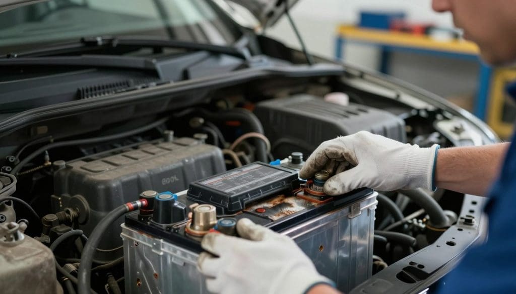 A close-up view of a car battery with visible corrosion around the terminals, indicating symptoms of a dead battery. In the foreground, show a mechanic's hands wearing white gloves inspecting the battery. The middle layer features the engine bay of the car, with the hood slightly raised to expose the battery compartment. The background includes a blurred view of a garage setting with tools neatly organized on shelves. Use soft, diffused lighting to create a realistic atmosphere, highlighting the details of the battery and the mechanic's focused expression. The overall mood should be serious and informative, capturing the essence of troubleshooting starter issues.