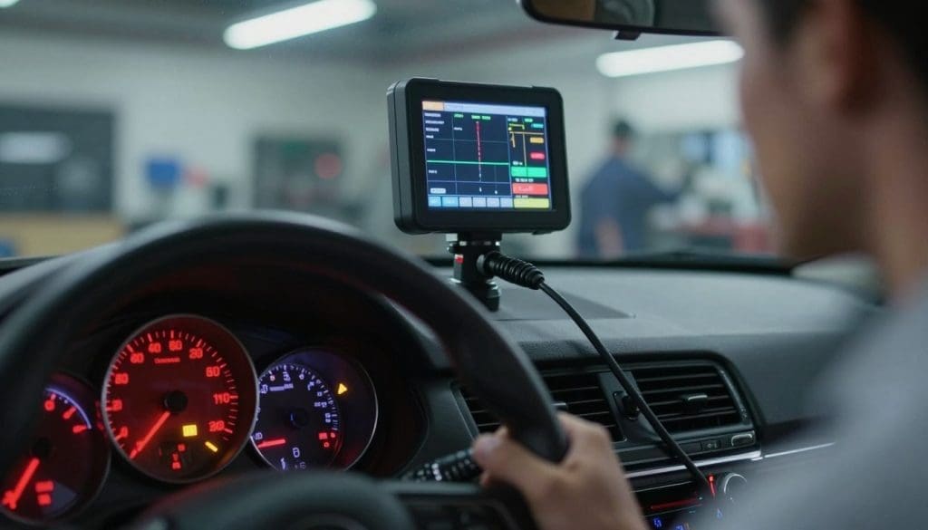 A close-up view of a car dashboard displaying a glowing check engine light, surrounded by diagnostic tool interfaces showing engine metrics. In the foreground, focus on a sleek modern speedometer and digital display, with bright red and yellow warning lights illuminating the scene. In the middle ground, include an engine diagnostics scanner connected to the vehicle's onboard diagnostics port, with its screen showcasing diagnostic codes and graphs. The background should be a blurred view of a mechanic's workshop, with overhead lighting casting soft shadows, creating a sense of urgency and professional atmosphere. The mood conveys a blend of tension and focus, emphasizing the importance of engine health and diagnostics. The image should be well-lit, capturing intricate details and textures without any text or overlays.