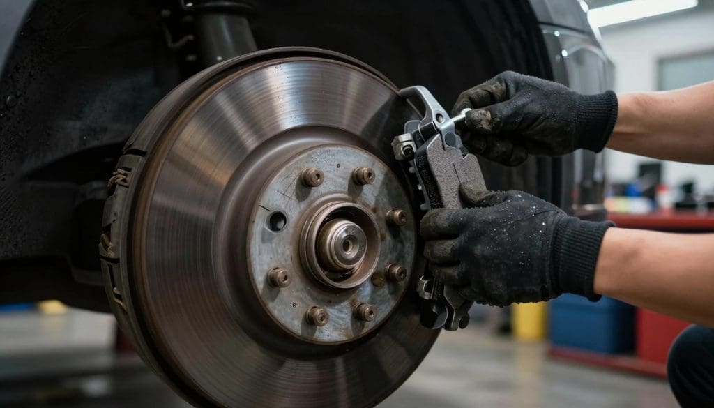 A close-up view of a car's brake disc and freshly worn brake pads, showcasing their condition with a slight sheen from moisture. The foreground features the disc in sharp focus, displaying scratches and wear indicative of heavy use. In the middle ground, a pair of hands wearing professional gloves grips the brake lever, emphasizing the action of inspecting the brakes. The background shows a dimly lit garage, with a subtle glow from overhead lights casting dramatic shadows, creating an atmosphere of urgency and concern. Soft focus on various car tools and a workbench hints at an ongoing maintenance process, underscoring the importance of brake care. The overall mood conveys a sense of vigilance and the necessity of timely brake inspections. A close-up view of a car's brake disc and freshly worn brake pads, showcasing their condition with a slight sheen from moisture. The foreground features the disc in sharp focus, displaying scratches and wear indicative of heavy use. In the middle ground, a pair of hands wearing professional gloves grips the brake lever, emphasizing the action of inspecting the brakes. The background shows a dimly lit garage, with a subtle glow from overhead lights casting dramatic shadows, creating an atmosphere of urgency and concern. Soft focus on various car tools and a workbench hints at an ongoing maintenance process, underscoring the importance of brake care. The overall mood conveys a sense of vigilance and the necessity of timely brake inspections.