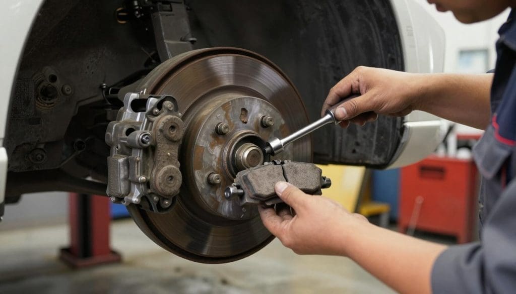 A close-up view of a mechanic's hands skillfully replacing worn brake pads on a car. The foreground highlights the detailed mechanics of the brake assembly, showcasing the old, worn brake pads next to the new ones. The mechanic is wearing professional, modest work attire, and the focus is on the tools used for the replacement, such as a socket wrench and brake cleaner. In the middle ground, the partially disassembled brake rotor is visible, with brake dust and grime creating a realistic atmosphere. The background subtly features a well-lit garage environment, with soft, warm lighting illuminating the scene, creating a sense of professionalism and urgency. The overall mood reflects the importance of maintenance and safety in vehicle operation, emphasizing the necessity for immediate attention to brakes. A close-up view of a mechanic's hands skillfully replacing worn brake pads on a car. The foreground highlights the detailed mechanics of the brake assembly, showcasing the old, worn brake pads next to the new ones. The mechanic is wearing professional, modest work attire, and the focus is on the tools used for the replacement, such as a socket wrench and brake cleaner. In the middle ground, the partially disassembled brake rotor is visible, with brake dust and grime creating a realistic atmosphere. The background subtly features a well-lit garage environment, with soft, warm lighting illuminating the scene, creating a sense of professionalism and urgency. The overall mood reflects the importance of maintenance and safety in vehicle operation, emphasizing the necessity for immediate attention to brakes.